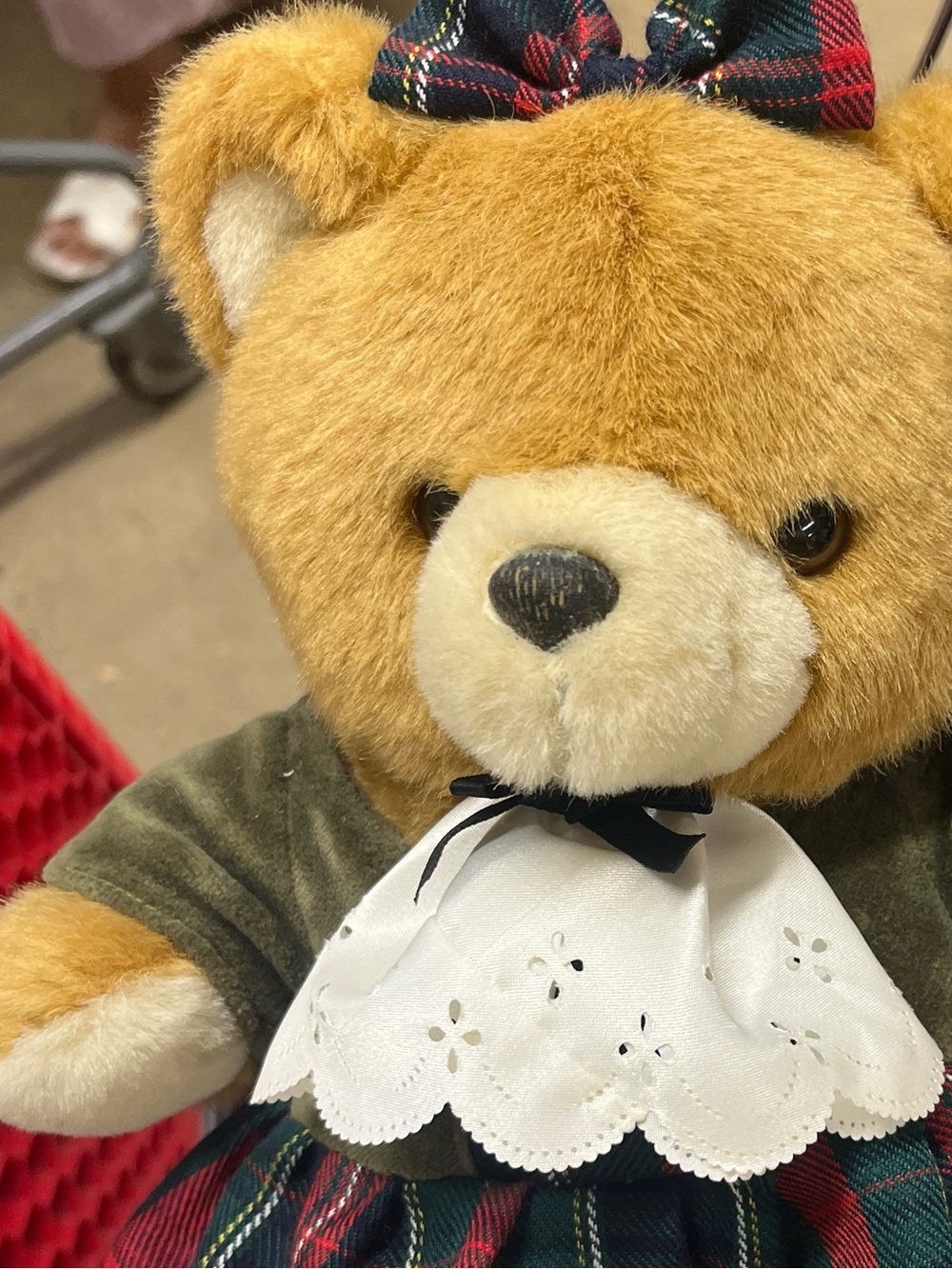 Harrods Plaid Bow Teddy Bear in Tan, Green, Red